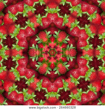 Red Fruit Background.  Fresh Ripe Red Strawberry With Green Leaves, Close-up, Full Frame, Macro