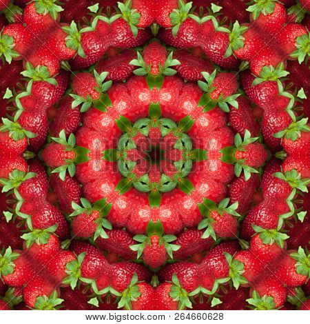 Red Fruit Background.  Fresh Ripe Red Strawberry With Green Leaves, Close-up, Full Frame, Macro
