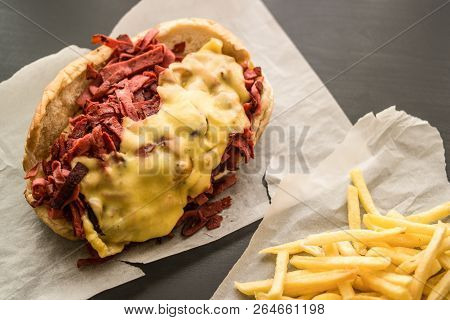 Kumru Sandwich With Sausage, Ham, Cheddar And Potatoes, (fast Food Concept.)
