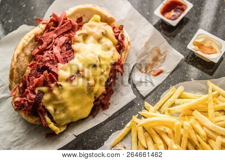 Kumru Sandwich With Sausage, Ham, Cheddar And Potatoes, (fast Food Concept.)