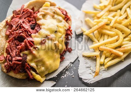 Kumru Sandwich With Sausage, Ham, Cheddar And Potatoes, (fast Food Concept.)