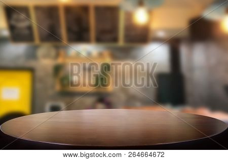 Selected Focus Empty Brown Wooden Table And Coffee Shop Or Restaurent Blur Background With Bokeh Ima