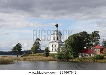 Church Building On The Lake, Nilov Monastery Seen From Water In Russia, Seliger Lake, Tver Oblast, W