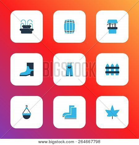Farm Icons Colored Set With Draw Well, Overalls, Rubber Shoes And Other Wellspring Elements. Isolate