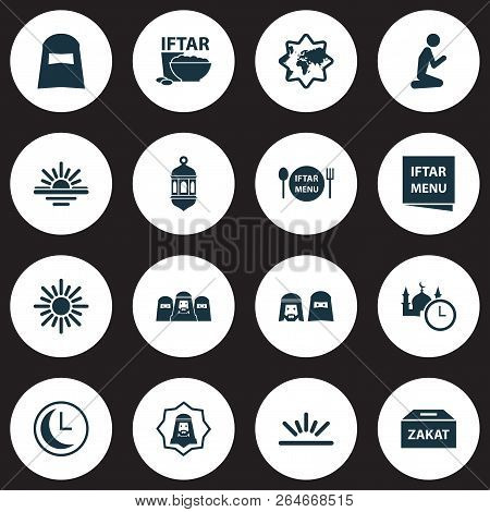 Religion Icons Set With Fajr, People, Time And Other Time  Elements. Isolated  Illustration Religion