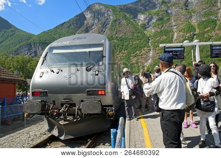 Myrdal-flam, Norway - July 16, 2018: Breathtaking Norwegian Fjord And Mountain Landscapes During The
