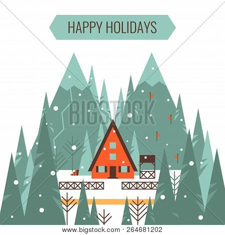 Winter Snowy Landscape With Country House. Merry Christmas Text. Flat Cartoon Style Vector Illustrat