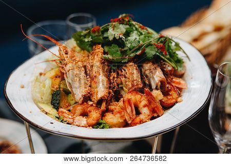 Fried Shrimp With Vegetable Salad - Soft Focus.
