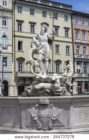 Trieste, Italy - July 1, 2018: View At Statue Of Neptune On  Fountain In The Piazza Della Borsa In T