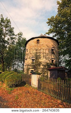 The Windmill In Janov, Czech Republic. Beautiful Landscape With Windmill. Preservation Of Architectu