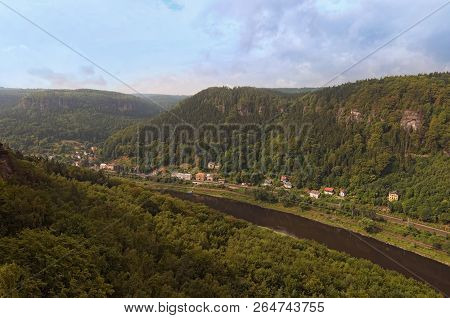 Panoramic View From The Belvedere (labska Stran) Over The Elbe Valley, Elbe Sandstone Mountains, Boh