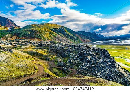 Outdoors Landscape Of Beautiful Mountain And The Valley At Landmannalaugar In Highlands Of Iceland