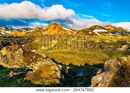 Natural Landscape Of The Beautiful Mountain With The Mossy Rocky Field At Landmannalaugar In Highlan