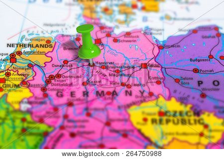 Hannover In Germany Pinned On Colorful Political Map Of Europe. Geopolitical School Atlas. Tilt Shif