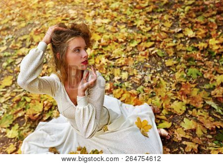 Autumn fashion feminity lace dress with long sleeve below knee in princess style. Top view of girl model with dramatic look sitting on fall leaves in city park outdoor.