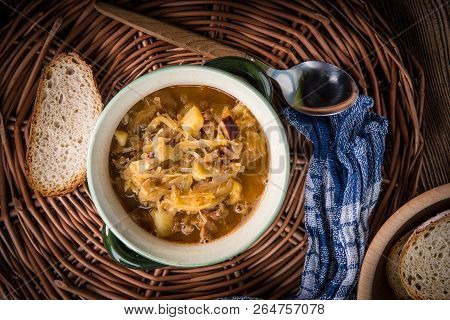 Traditional Russian Sour Cabbage Soup.