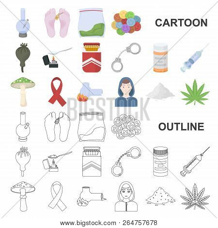 Drug Addiction And Attributes Cartoon Icons In Set Collection For Design. Addict And Drug Vector Sym