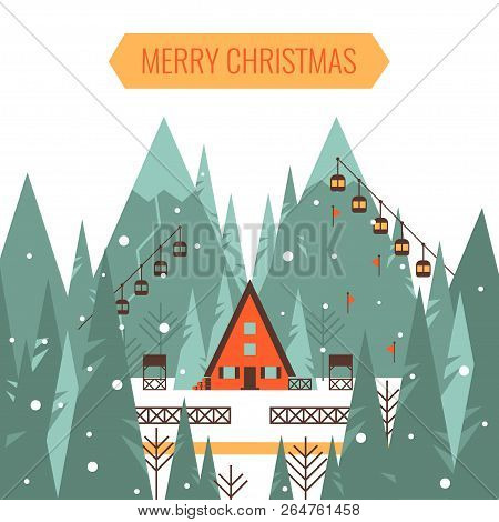 Winter Snowy Landscape With Country House. Merry Christmas Text. Flat Cartoon Style Vector Illustrat