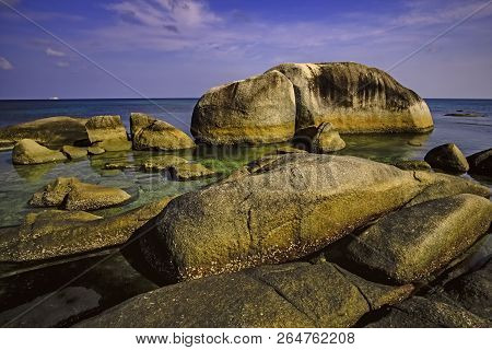 View Of A Group Of Big Stones On The Tanjung Tinggi Beach From Island Belitung/indonesia/