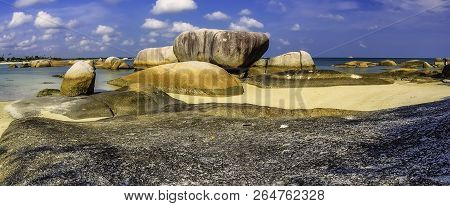 Panoramic View Of A Group Of Big Stones On The Tanjung Tinggi Beach From Island Belitung/indonesia/