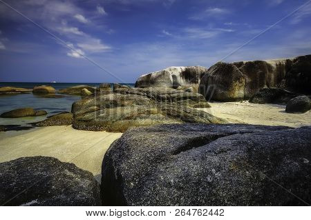 View Of A Group Of Big Stones On The Tanjung Tinggi Beach From Island Belitung/indonesia/