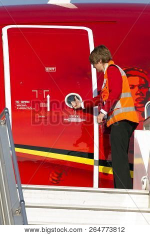Borispol, Ukraine - October 17, 2018: Supervisor Permission To Cabin Crew To Open The Door