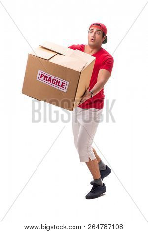 Handsome contractor holding fragile box isolated on white 