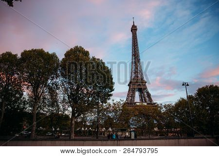Eiffel Tower In The Twilight. Autumn Sunset