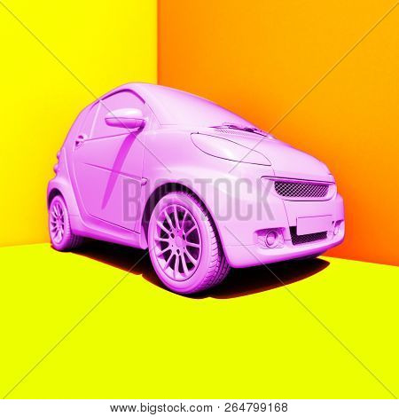 3d Small Modern Compact Car with Glossy Paint, Hi-Detailed Micro Car Template Mockup, Urban Electric Mini Car for Branding Corporate Identity Logo Design, Eco-Friendly Hi-Tech Vehicle, Small Vehicle