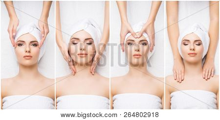 Set with young and beautiful girls relaxing in spa. Woman in massaging salon. Traditional oriental therapy and massaging treatments. Health and medicine concept.