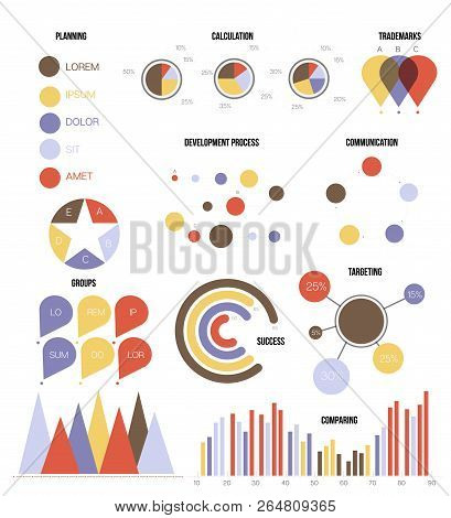 Business Idea Visualisation Inforgaphic Elements Vector Set. Gray, Brown, Orange Pie Chart, Circle D