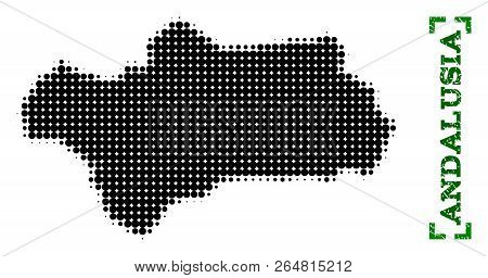 Halftone Map Of Andalusia Province And Rubber Caption. Vector Green Title With Corners And Distress 