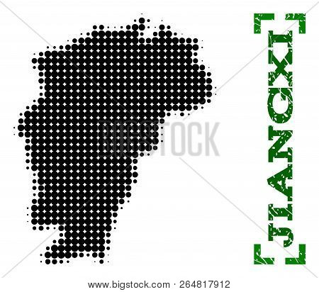 Halftone Map Of Jiangxi Province And Rubber Caption. Vector Green Title With Corners And Scratched R