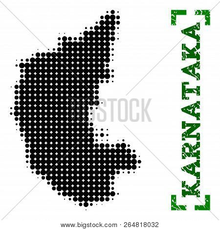Halftone Map Of Karnataka State And Rubber Caption. Vector Green Title With Corners And Scratched Ru