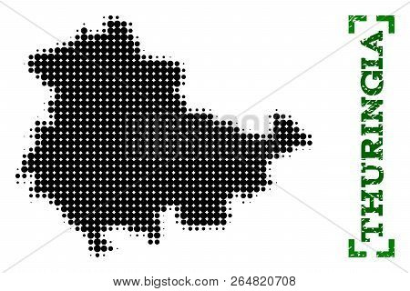 Halftone Map Of Thuringia State And Grunge Caption. Vector Green Title With Corners And Grunge Rubbe