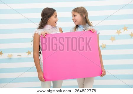 Girl Hold Announcement Banner. Girls Kids Holding Paper Banner For Announcement. Children Happy With
