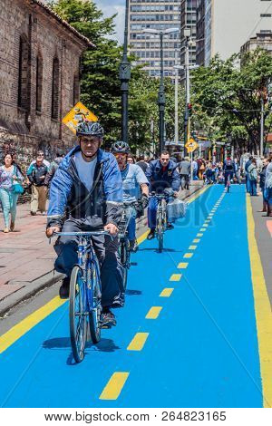 Bogota, Colombia  - February 4, 2017 : cyclist cycling path Carrera Septima in Bogota capital city of Colombia South America