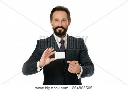 Feel Free To Contact Me. Let Me Introduce Myself. Businessman Hold Plastic Blank Contact Card. Busin
