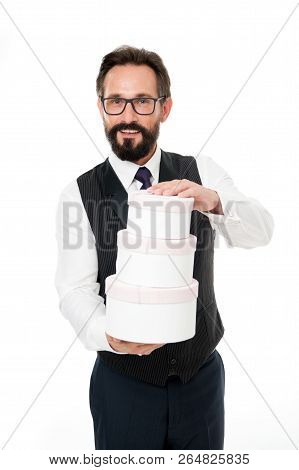 Man Formal Clothes Hold Pile Gift Boxes. Loyalty Bonus Concept. Loyalty Reward Program. Ways To Prom