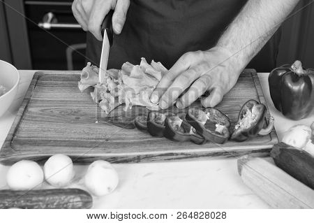 Be Careful With Knife. Chef Teaches How Quickly Chop Vegetables. Chop Food Safely And Efficiently, E