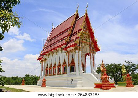Beautiful Red And White Buddhist Temple At Buang Sam Phan, Phetchabun, Thailand