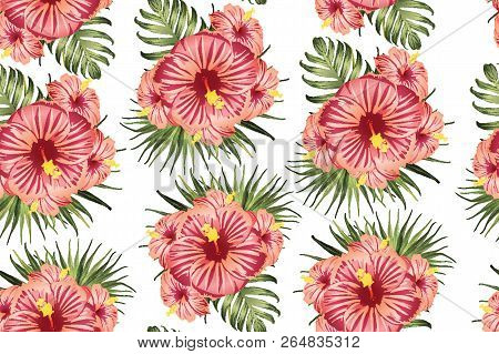 Green Red Exotic Pattern. Monstera Leaves And Hibiscus Flowers In Summer Print.  Saturated Large Flo
