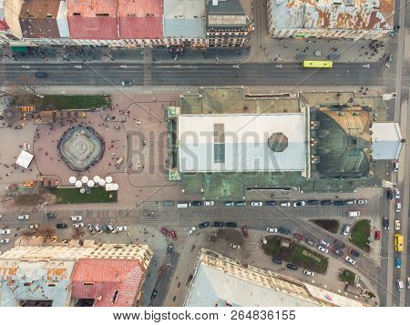 Overtop View Of Square Before Old European Building.