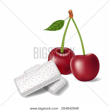 Chewing Gum With Red Cherry Isolated. Bubble Gums For Healthy Teeth And Fresh Breathing. Template De