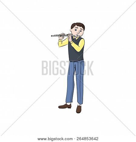 Man (boy) Plays The Flute. Vector Color Illustration.