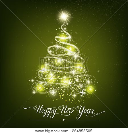 Happy New Year Stylized Shining Decorative Fir Tree On Green Background. Winter Holiday Greeting Car