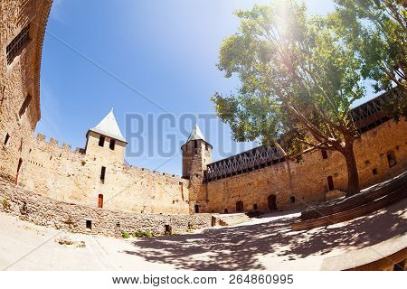 Counts Castle Courtyard In Spring, Carcassonne Castle, France