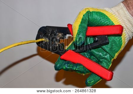 Set Of Photos On A White Background. Using Network Cable (cat5E) Crimper. Utp Cable For Computer