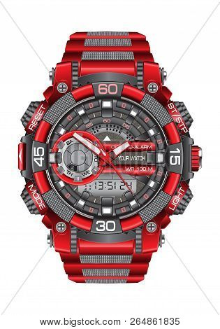 Realistic Red Grey Watch Clock Chronograph Sport Modern For Men On White Background Vector Illustrat