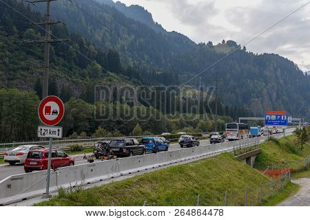 Vehicles Waiting In Line For Entering Gotthard Tunnel On Switzerland